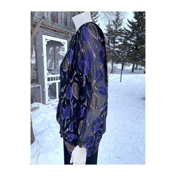 Vintage 80s Blouse Metallic Leaf Print Sheer Open Back Gathered Waist - Picture 7 of 12
